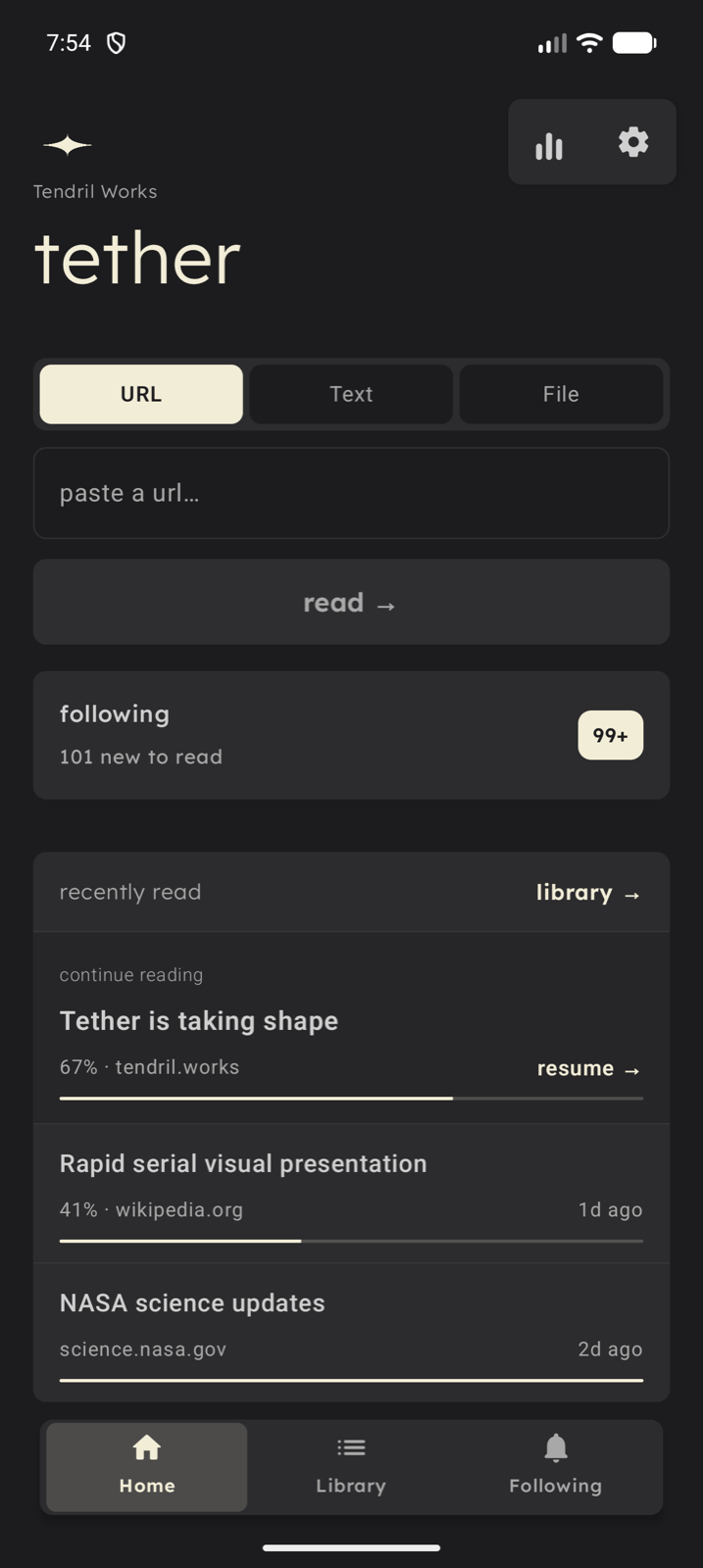 Tether home screen with URL, text, and file inputs and recent reading